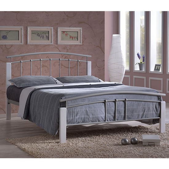 Product photograph of Tetron Metal Double Bed In Silver With White Wooden Posts from Furniture in Fashion