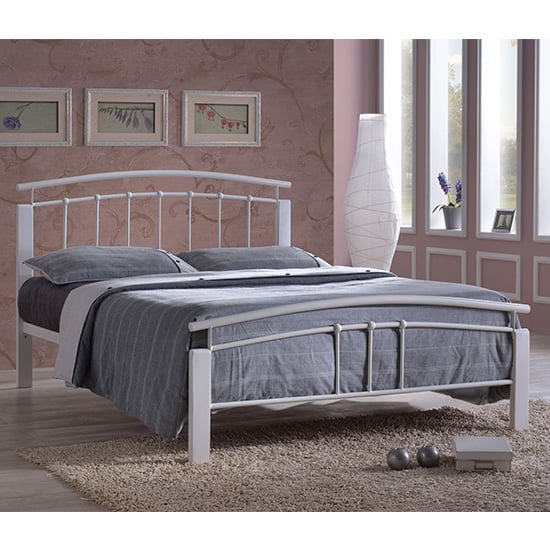 Photo of Tetron metal double bed in white with white wooden posts
