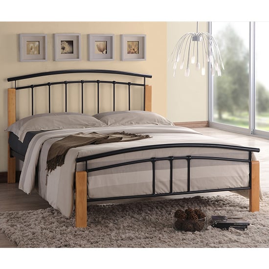 Tetron Metal King Size Bed In Black With Beech Wooden Posts