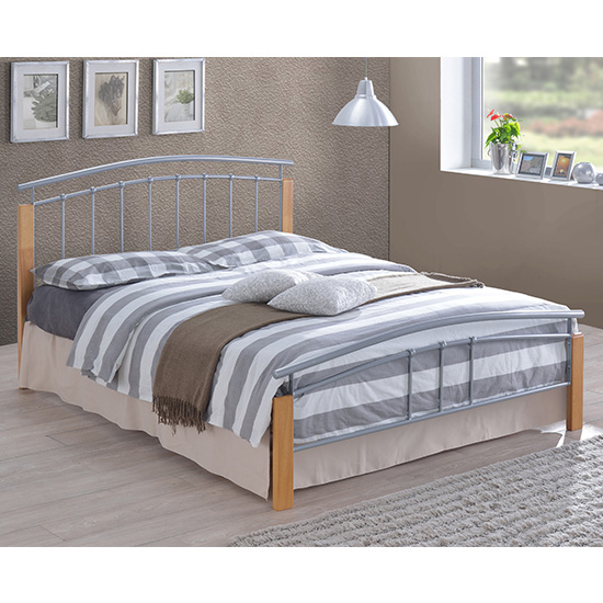 Product photograph of Tetron Metal King Size Bed In Silver With Beech Wooden Posts from Furniture in Fashion