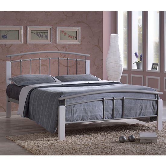 Tetron Metal King Size Bed In Silver With White Wooden Posts