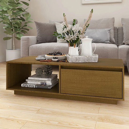 Tevie Solid Pinewood Coffee Table With 1 Door In Honey Brown