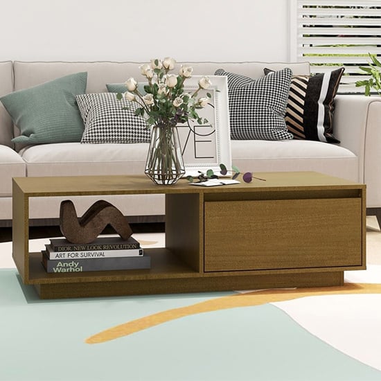 Photo of Tevie solid pinewood coffee table with 1 door in honey brown