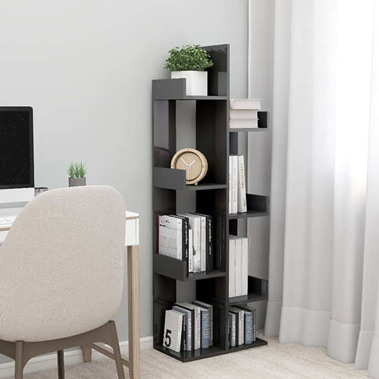 Tevin High Gloss Bookshelf With 8 Compartments In Grey_1