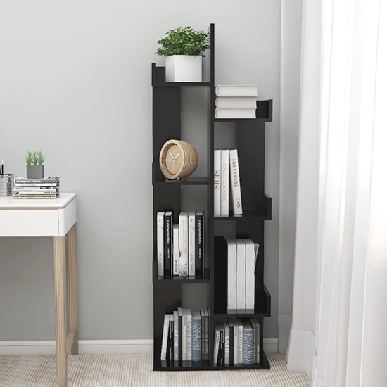 Tevin Wooden Bookshelf With 8 Compartments In Black