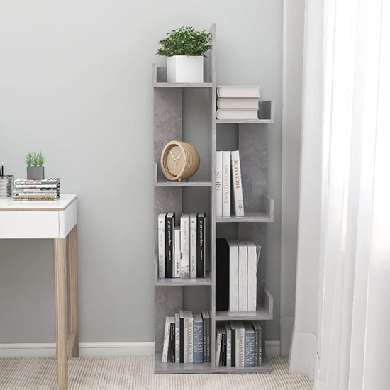 Tevin Wooden Bookshelf With 8 Compartments In Concrete Effect