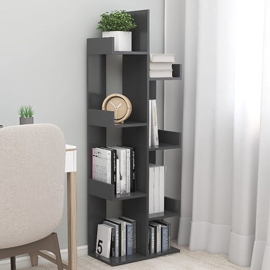 Tevin Wooden Bookshelf With 8 Compartments In Grey