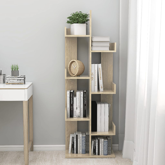 Tevin Wooden Bookshelf With 8 Compartments In Sonoma Oak