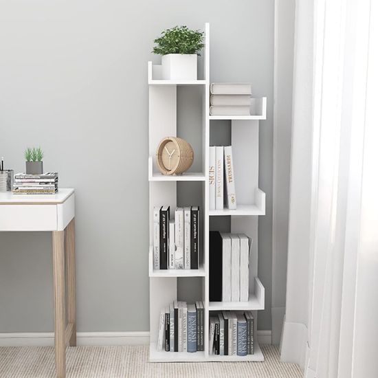 Tevin Wooden Bookshelf With 8 Compartments In White