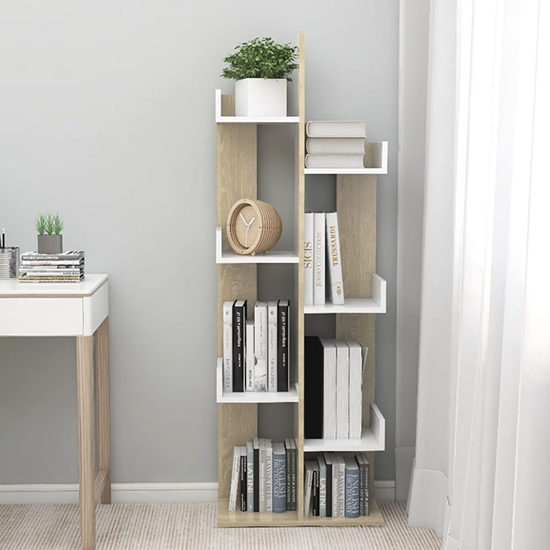 Tevin Wooden Bookshelf With 8 Compartments In White Sonoma Oak_2