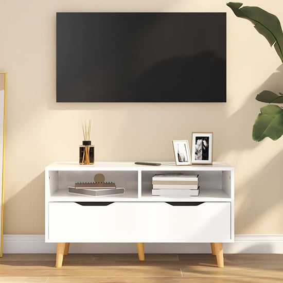 Read more about Tevy high gloss tv stand with 1 drawer 2 shelves in white