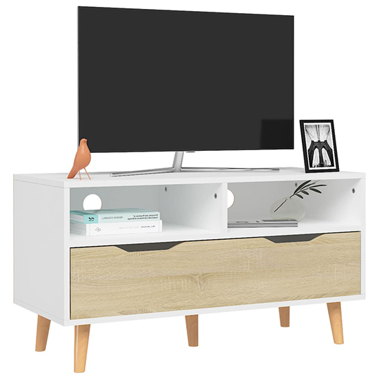 Tevy Wooden TV Stand With 1 Drawer 2 Shelve In White Sonoma Oak