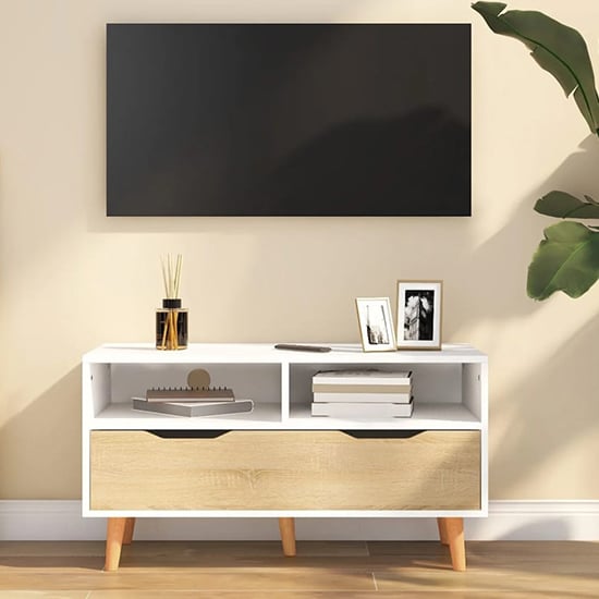 Read more about Tevy wooden tv stand with 1 drawer 2 shelve in white sonoma oak