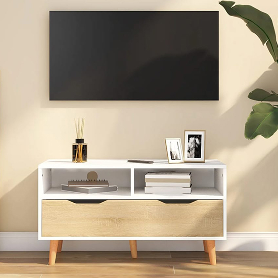 Tevy Wooden TV Stand With 1 Drawer 2 Shelve In White Sonoma Oak