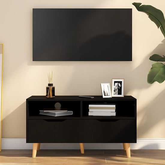 Read more about Tevy wooden tv stand with 1 drawer 2 shelves in black