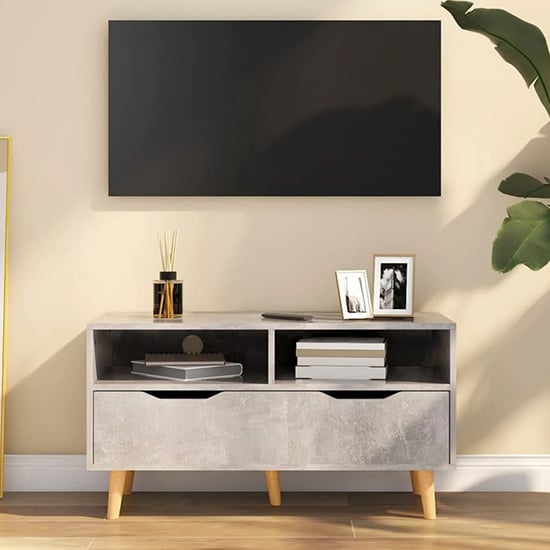 Photo of Tevy wooden tv stand with 1 drawer 2 shelves in concrete effect