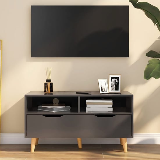 Product photograph of Tevy Wooden Tv Stand With 1 Drawer 2 Shelves In Grey from Furniture in Fashion