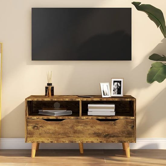 Photo of Tevy wooden tv stand with 1 drawer 2 shelves in smoked oak