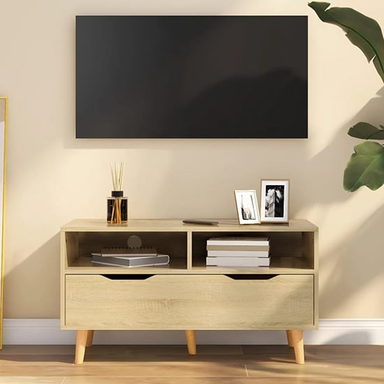 Read more about Tevy wooden tv stand with 1 drawer 2 shelves in sonoma oak
