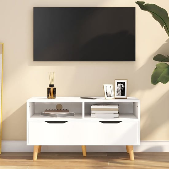 Product photograph of Tevy Wooden Tv Stand With 1 Drawer 2 Shelves In White from Furniture in Fashion