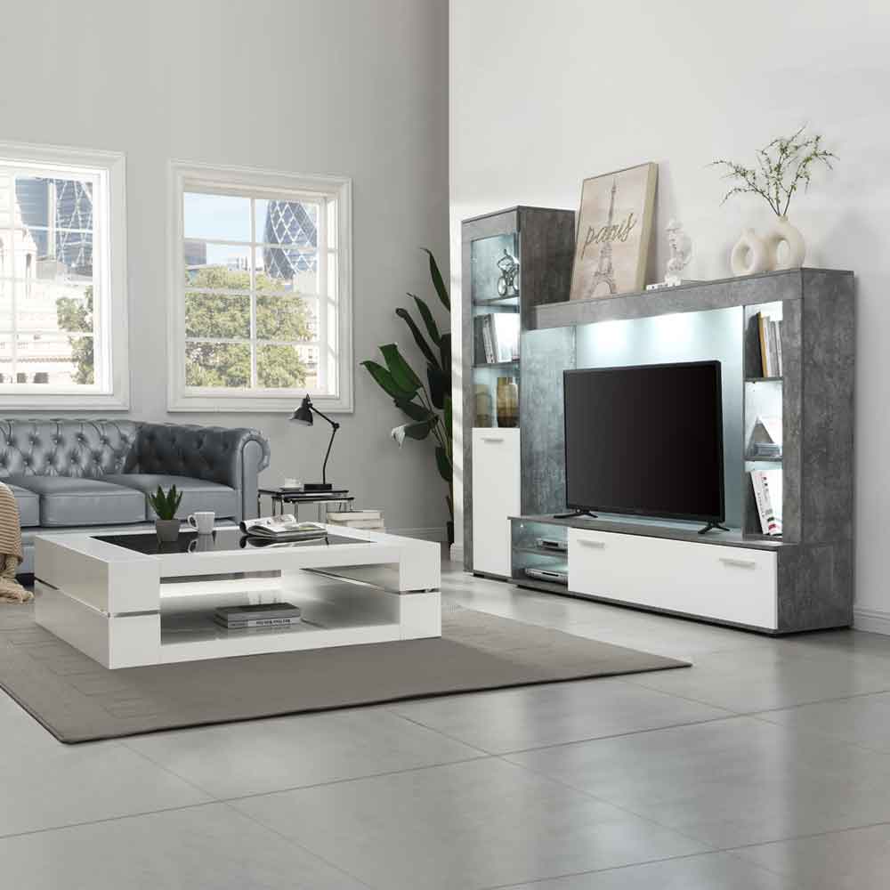 Texas Wooden Living Room Set In Concrete And White With LED