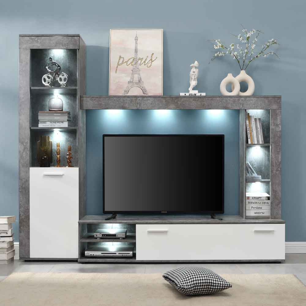 Texas Wooden Living Room Set In Concrete And White With LED