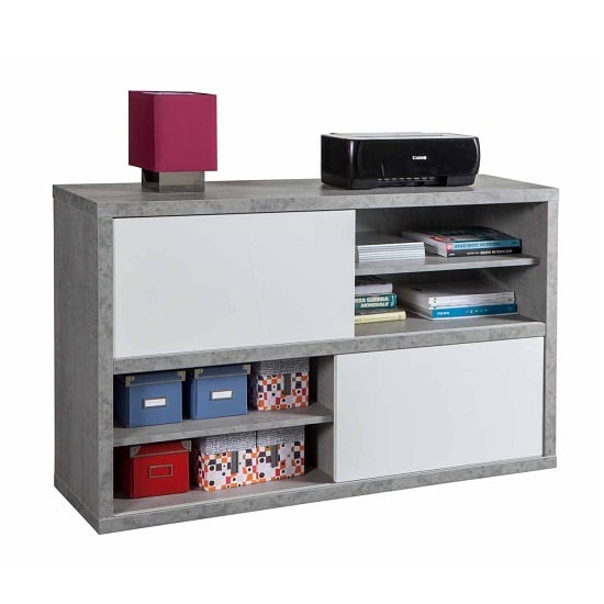 Theon Low Bookcase In Grey And White Gloss With Sliding Doors_1