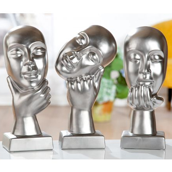 Read more about Thinking ceramic set of 3 sculpture in silver