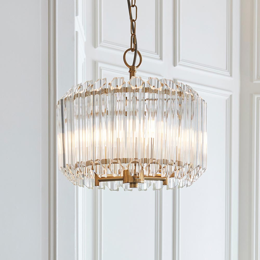 Thomas 3 Light Hexagonal Glass Pendant Light In Brushed Aged Brass