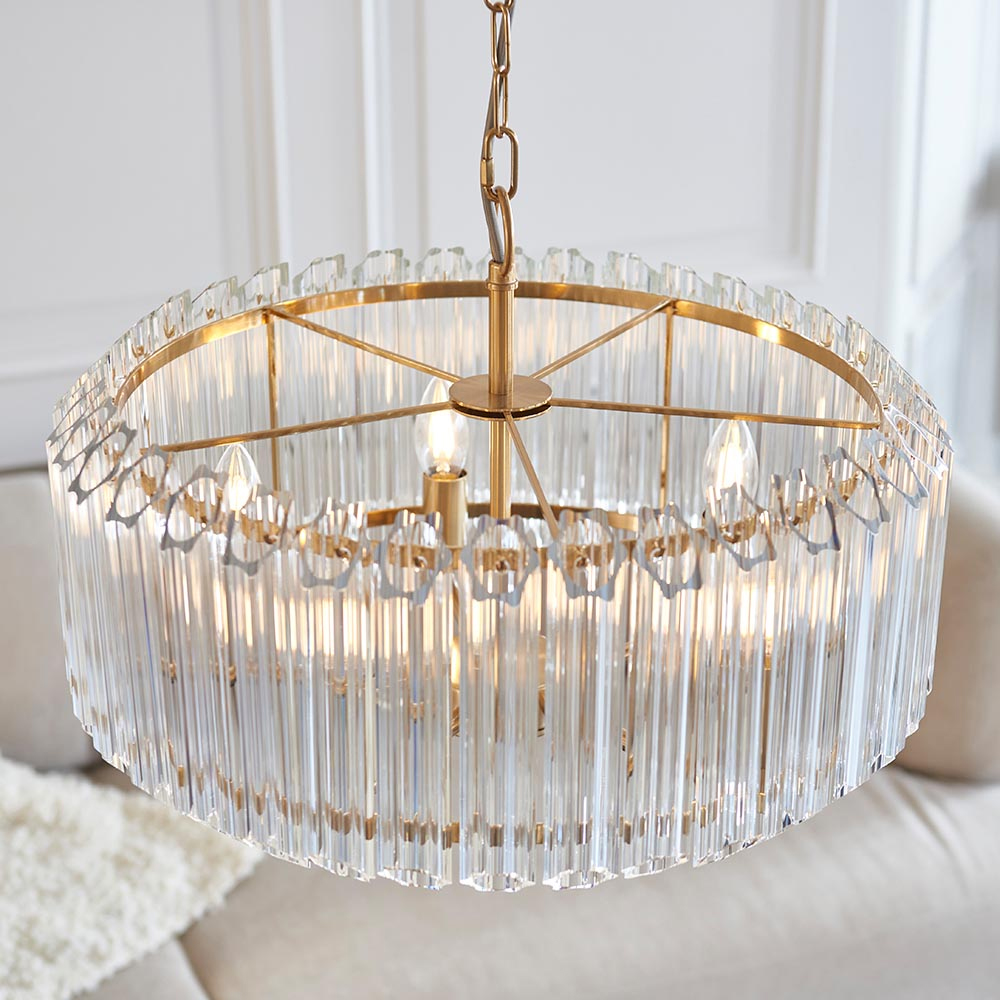 Thomas 5 Light Hexagonal Glass Pendant Light In Brushed Aged Brass