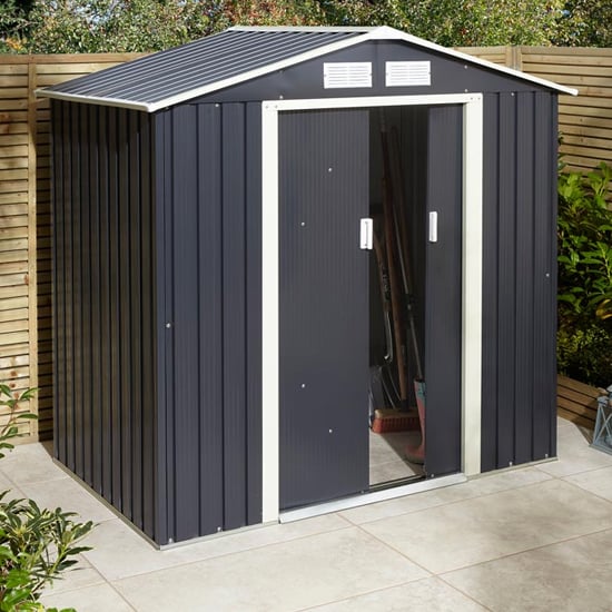 Product photograph of Thorpe Metal 6x4 Apex Shed In Dark Grey from Furniture in Fashion