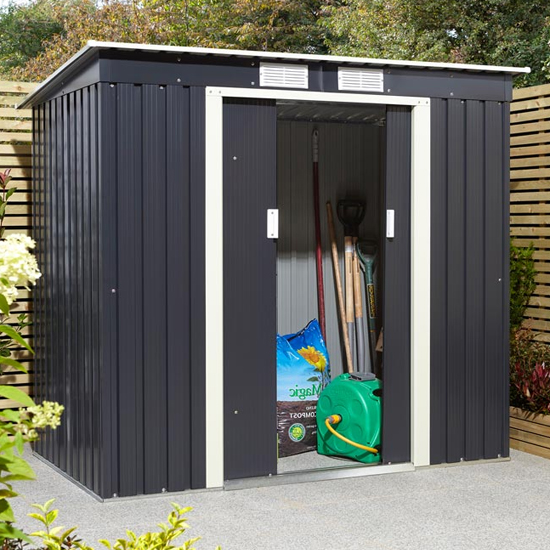 Product photograph of Thorpe Metal 6x4 Pent Shed In Dark Grey from Furniture in Fashion