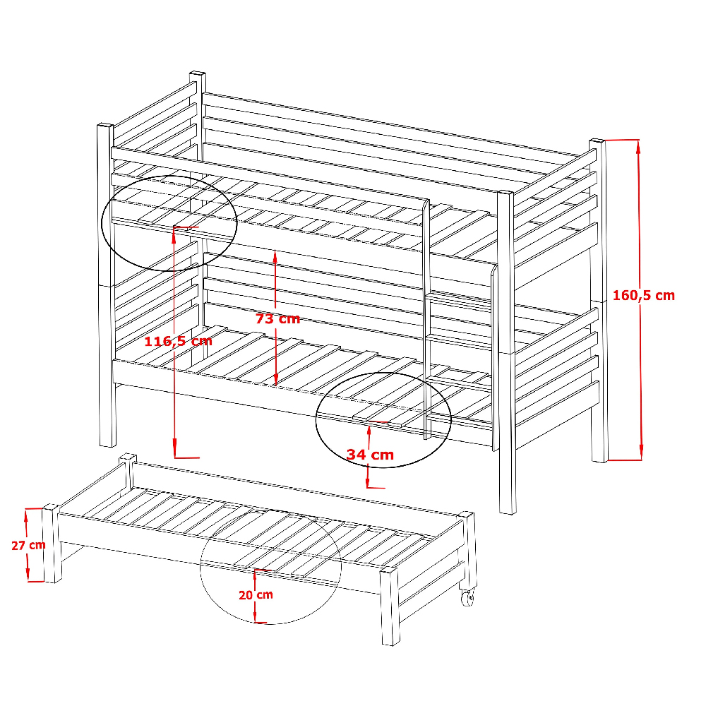 Thorsby Wooden Bunk Bed With Foam Mattress And Trundle In Pine