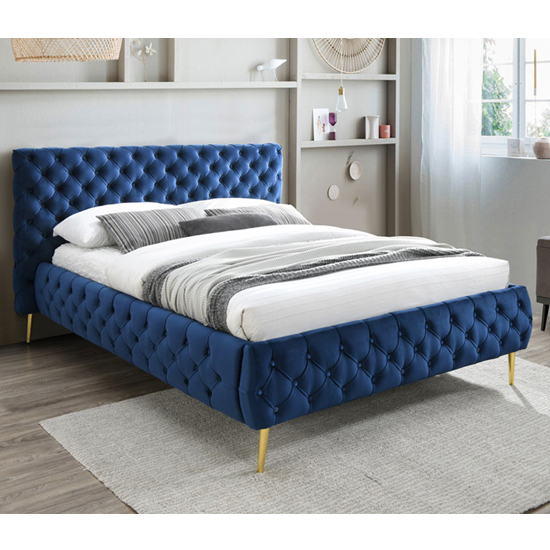 Tiffar Velvet Upholstered Double Bed In Blue