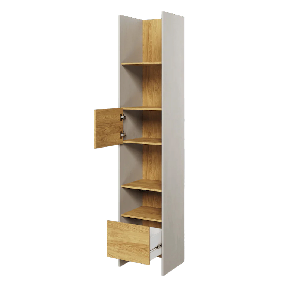 Tifton Wooden Bookcase With 1 Door 1 Drawer In Silk Flou And Oak