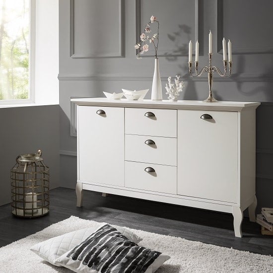 Tilton Wooden Sideboard In White With 2 Doors And 3 Drawers