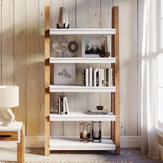 Timmins Wooden Bookcase Open Large 5 Shelves In White And Oak
