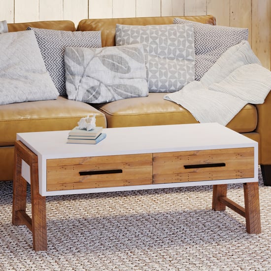 Read more about Timmins wooden coffee table with 2 drawers in white and oak
