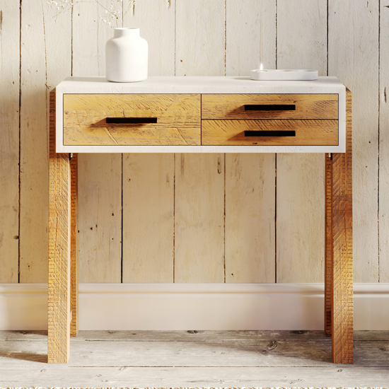 Read more about Timmins wooden console table with 3 drawers in white and oak