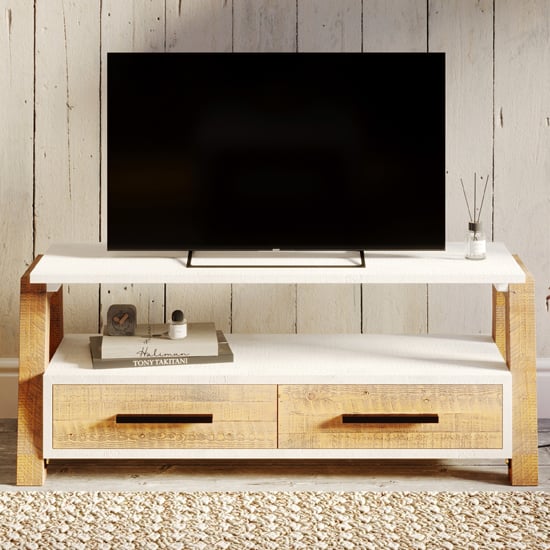 Product photograph of Timmins Wooden Tv Stand With 2 Drawers In White And Oak from Furniture in Fashion
