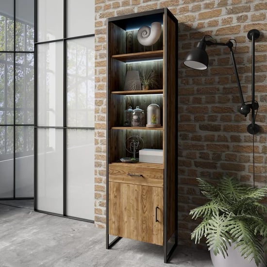 Product photograph of Tinley Wooden Display Cabinet Tall In Canyon Oak With Led from Furniture in Fashion