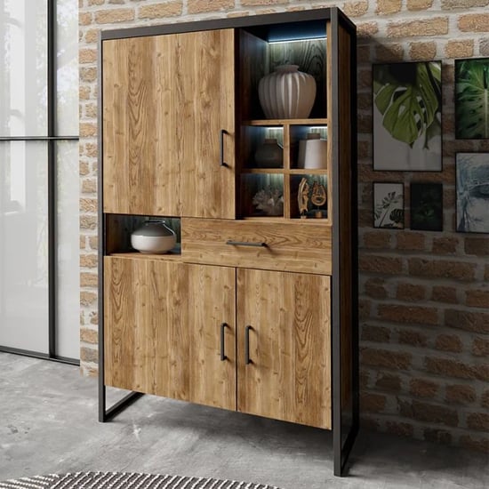 Product photograph of Tinley Highboard With 3 Doors 1 Drawer In Canyon Oak And Led from Furniture in Fashion