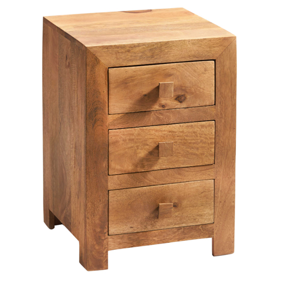 Product photograph of Tivat Mango Wood Bedside Cabinet 3 Drawers In Light Mahogany from Furniture in Fashion