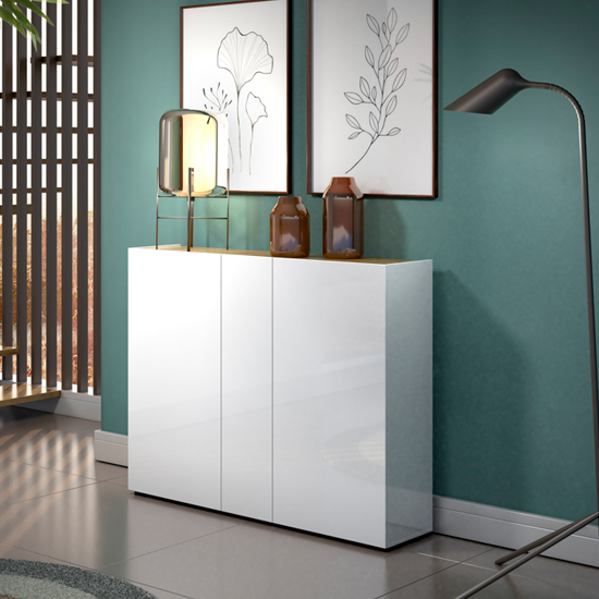 Read more about Tivoli gloss shoe cabinet wide 3 doors in white artisan oak top