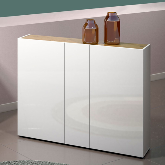 Tivoli Gloss Shoe Cabinet Wide 3 Doors In White Artisan Oak Top