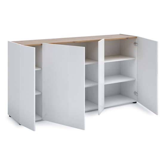 Tivoli Gloss Sideboard 4 Doors 6 Shelves In White Artisan Oak Top