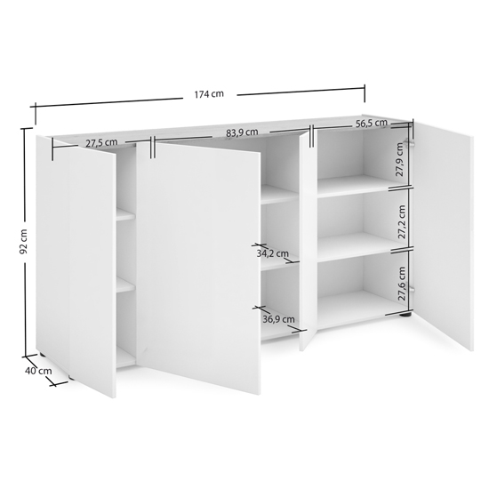 Tivoli Gloss Sideboard 4 Doors 6 Shelves In White Artisan Oak Top