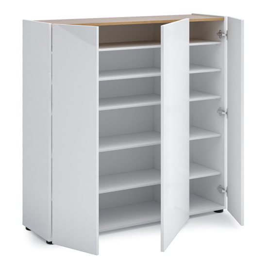 Tivoli High Gloss Shoe Cabinet 3 Doors In White Artisan Oak Top