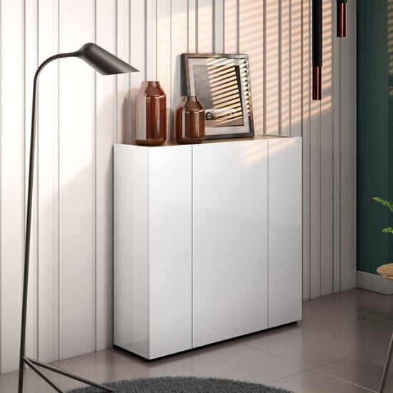 Read more about Tivoli high gloss shoe cabinet 3 doors in white artisan oak top