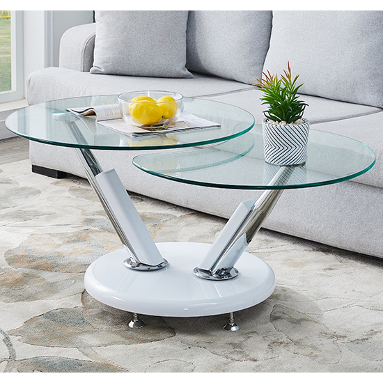 Photo of Tokyo twist glass top coffee table with white high gloss base